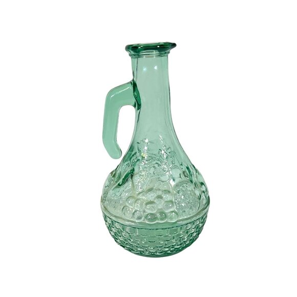 Vintage Oil Decanter - Green Glass Bottle - Fruit Basket Design - W/ Pour Spout - Picture 4 of 8